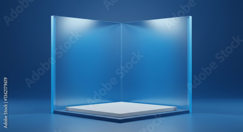 Abstract blue-toned interior with a geometric platform, bathed in soft lighting for a serene and stylish effect