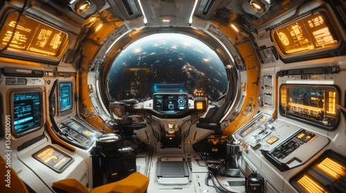 Spacious interior of a spaceship with AI-controlled systems, robotics for assistance, and space observation