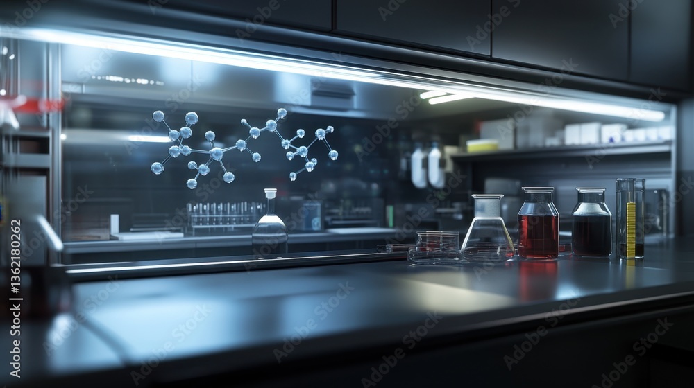 A high-tech laboratory with molecular models floating in a transparent digital display. A high-tech laboratory with molecular models floating in a transparent digital display.