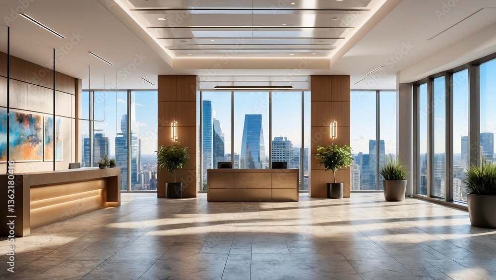 Fototapeta premium Spacious modern office interior with city view