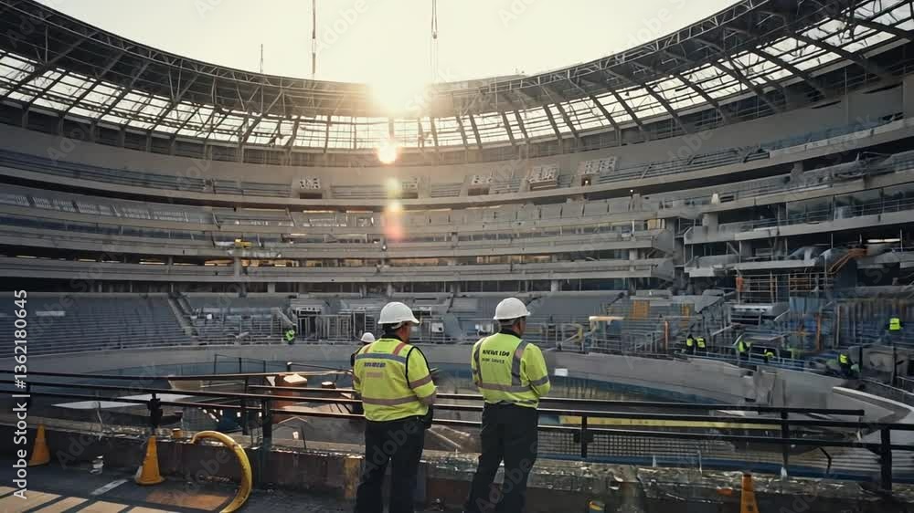 Construction workers at the construction of a stadium.