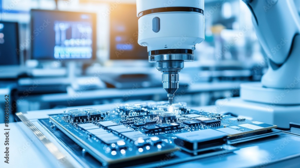A high-tech robotic arm carefully assembling microchips in a clean lab. A high-tech robotic arm carefully assembling microchips in a clean lab.