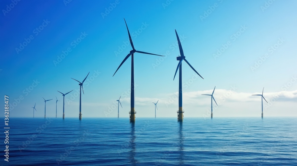 A large offshore wind farm with turbines standing tall above the deep blue ocean. A large offshore wind farm with turbines standing tall above the deep blue ocean.