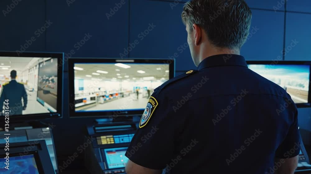 Security guard watching security cameras. Security guard watching security cameras.