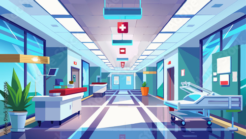 A modern hospital with bright hallways, clean white walls, and advanced medical equipment