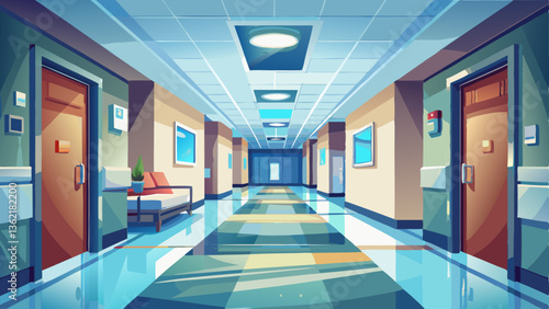 A calm hospital corridor with soft lighting, clean floors, and doors leading to patient rooms