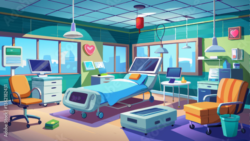 A serene recovery room where patients rest after surgery, with monitors and attentive care