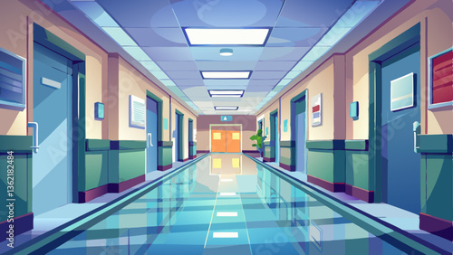 A calm hospital corridor with soft lighting, clean floors, and doors leading to patient rooms