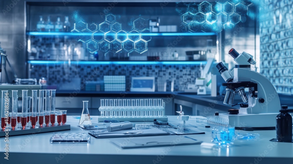 Fototapeta premium A modern biotech workspace with sleek scientific tools, test tubes, and digital molecular diagrams.