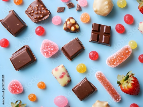 Sweet Chocolate Candy & Gummy Assorted Mix on Blue