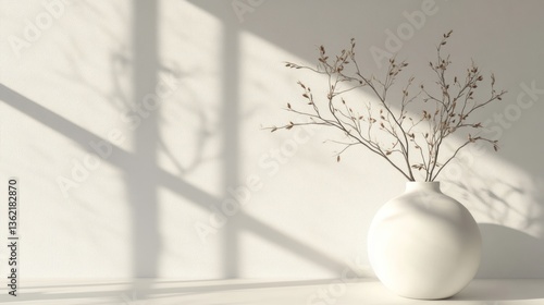 Dried Branches in White Vase, Sunlight Shadows on Wall