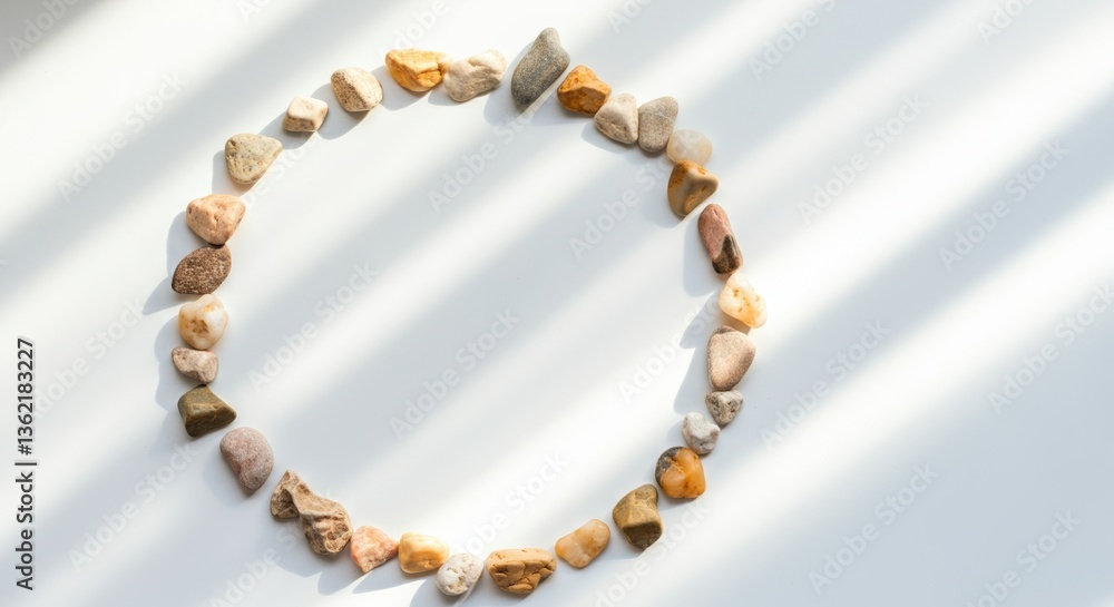 Circle of varied small stones on sunlit white surface with shadows Circle of varied small stones on sunlit white surface with shadows