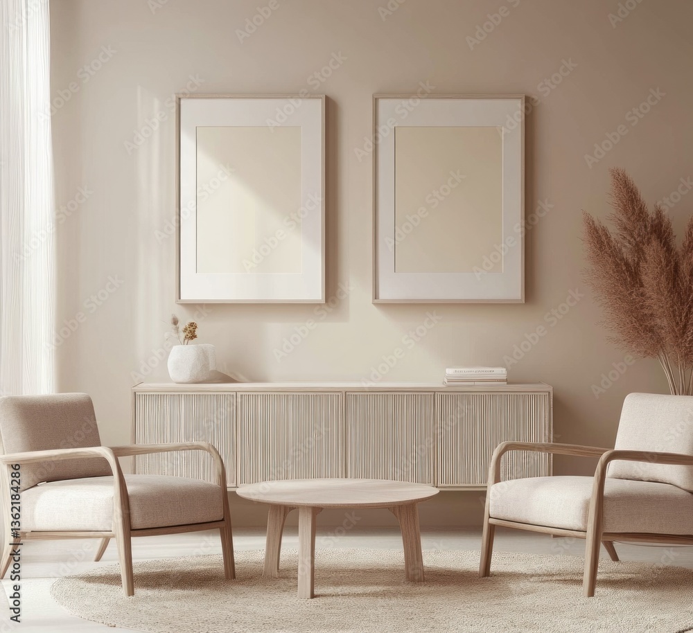Minimalist living room with beige chairs, wooden cabinet, and pampas grass. Minimalist living room with beige chairs, wooden cabinet, and pampas grass.