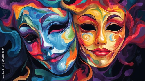 A multicolored painted illustration of two theatrical drama masks