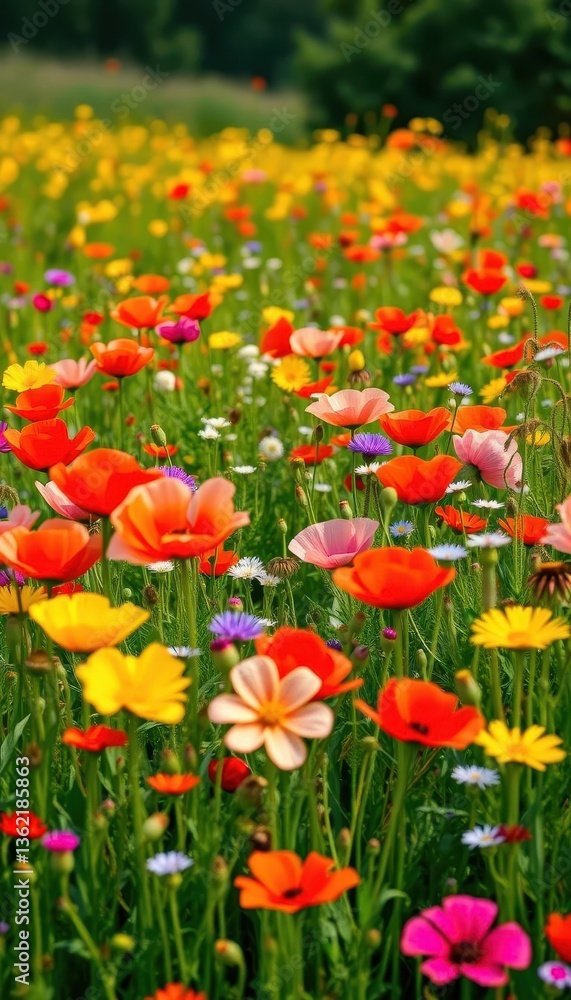 Vibrant meadow bursting with colorful poppies and wildflowers, orange, spring, countryside Vibrant meadow bursting with colorful poppies and wildflowers, orange, spring, countryside