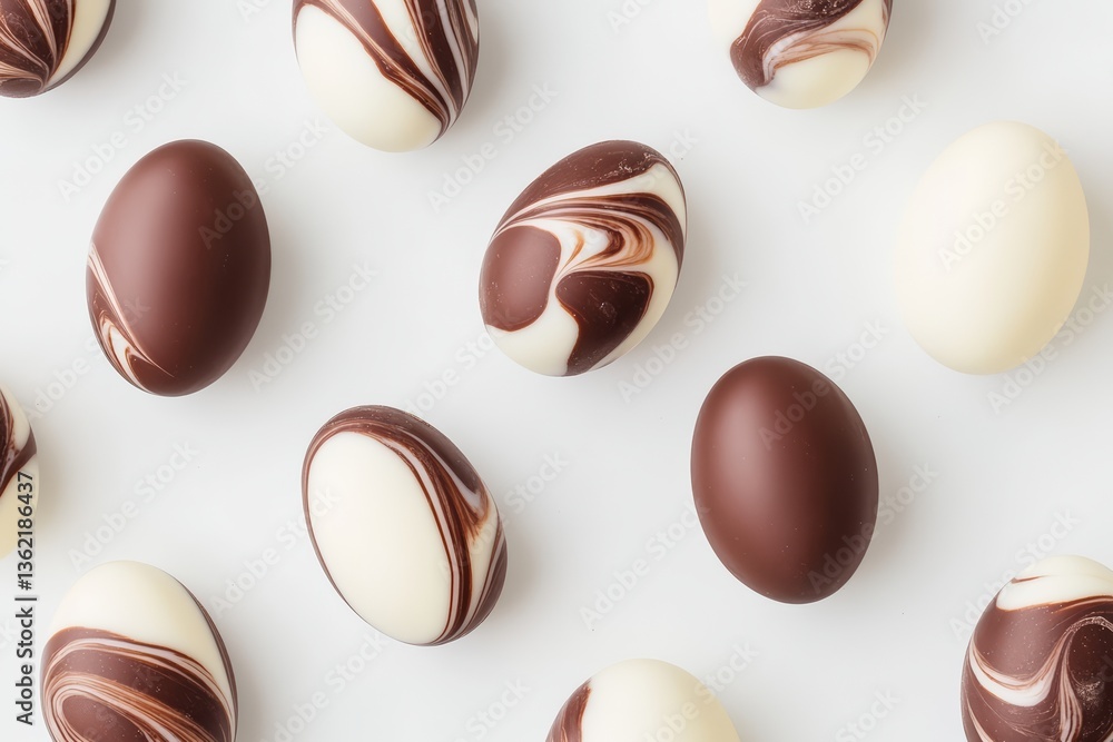 Assorted Swirled Chocolate Easter Eggs in White, Milk, and Dark Patterns on Clean White Background