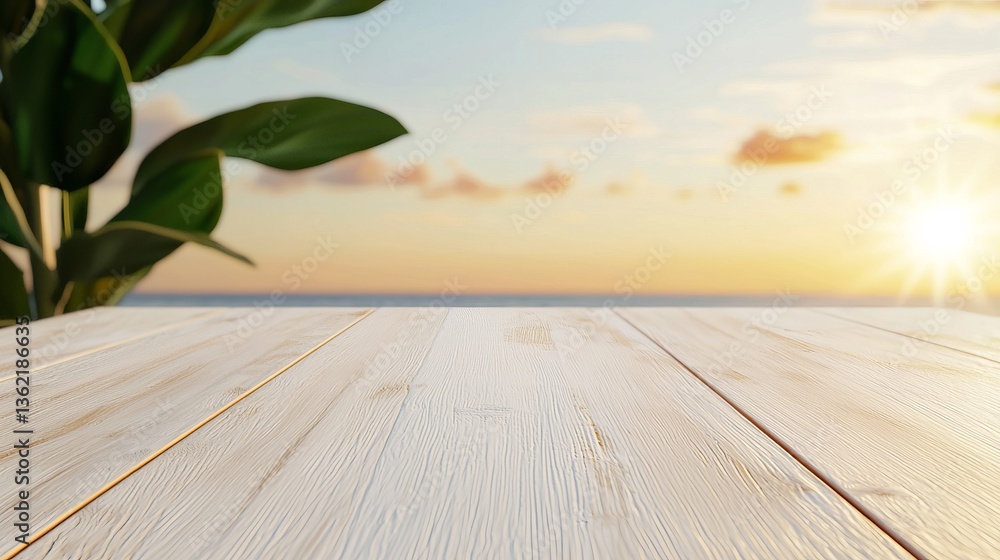 Serene Sunset Beach Tabletop Display: Empty Wooden Surface against a Golden Horizon Serene Sunset Beach Tabletop Display: Empty Wooden Surface against a Golden Horizon