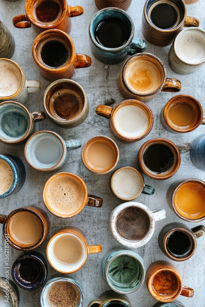 A unique assortment of coffee mugs seen from a bird's-eye perspective, highlighting different styles. A unique assortment of coffee mugs seen from a bird's-eye perspective, highlighting different styles.