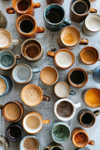 A unique assortment of coffee mugs seen from a bird's-eye perspective, highlighting different styles.