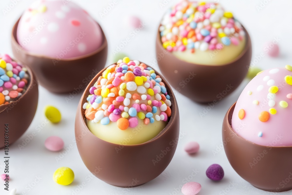 Assorted Swirled Chocolate Easter Eggs in White, Milk, and Dark Patterns on Clean White Background