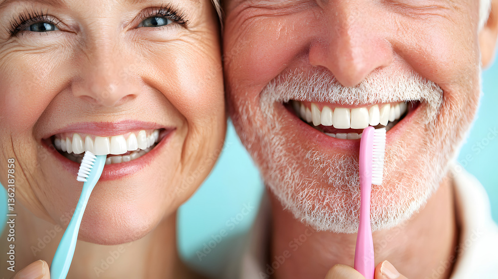 Naklejka premium Healthy Smiles Together: Close-up view of an elderly couple, each holding a toothbrush to their teeth, smiling brightly in a picture of radiant health.