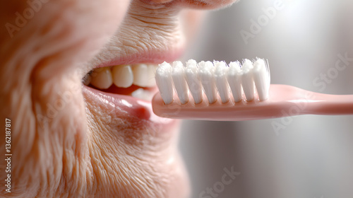 Oral Hygiene: A close-up shot capturing a senior person brushing their teeth with a toothbrush, emphasizing the importance of dental care.