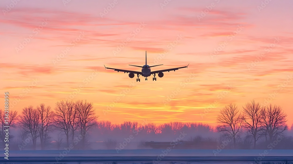 Plane Landing Sunset Winter Runway. Plane Landing Sunset Winter Runway.