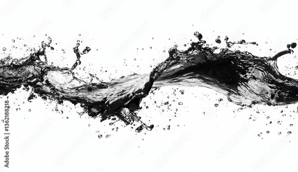 Fototapeta premium Dynamic splash of black water frozen in motion against a white background, showcasing fluidity and energy. Isolate on white background, Copy space, commercial use