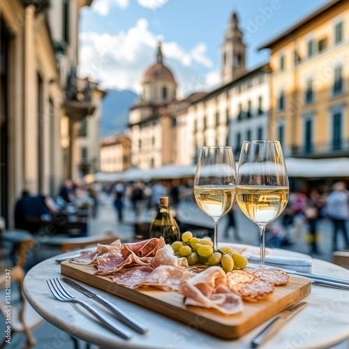 A beautiful charcuterie board and wine display on a balcony table in Italy. AI generative.