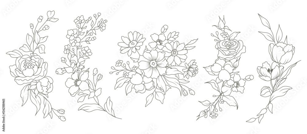 Hand drawn floral compositions in line art style. Elegant frame of flowers, stems and leaves. Trendy botanical elements. Vector illustration for logo or tattoo, save the date card, wedding invitation Hand drawn floral compositions in line art style. Elegant frame of flowers, stems and leaves. Trendy botanical elements. Vector illustration for logo or tattoo, save the date card, wedding invitation