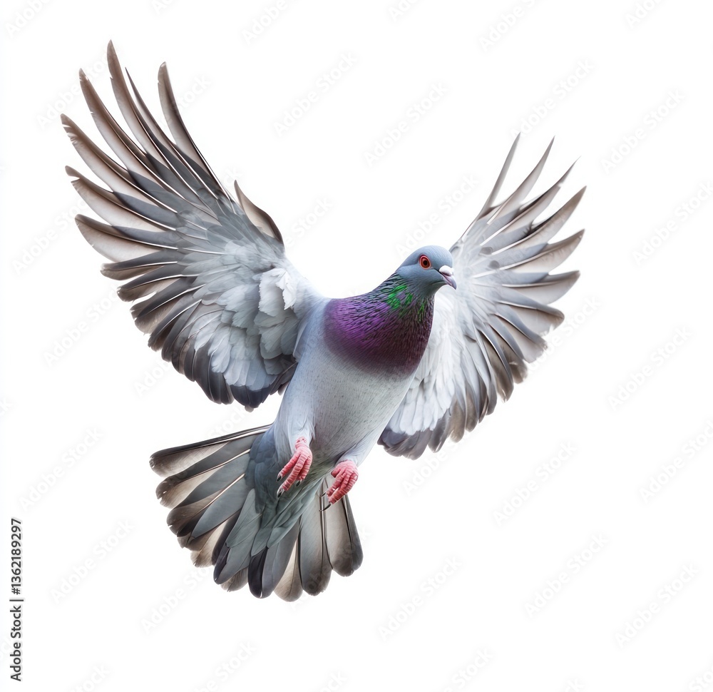 Obraz premium Pigeon Flying with Spread Wings on White Background - Bird in Flight