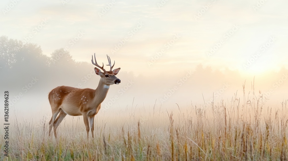 Obraz premium A majestic deer stands in a misty meadow at sunrise, surrounded by tall grass and soft light.