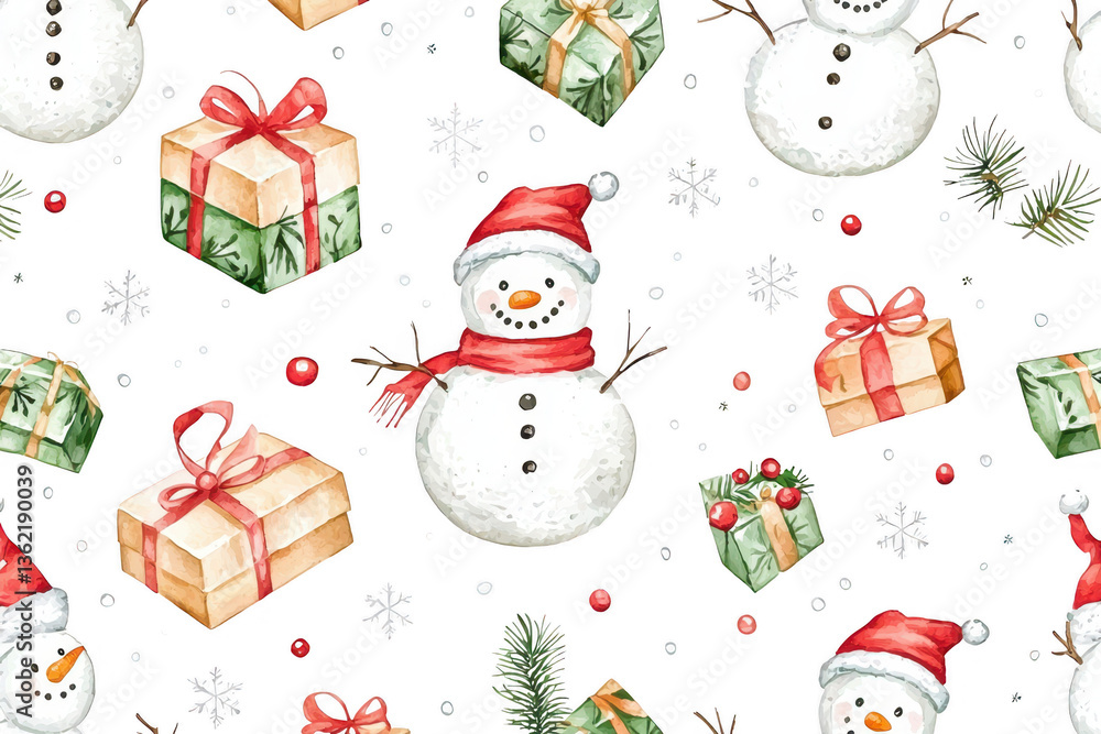 A festive pattern featuring cheerful snowmen with gifts and snowflakes against a black background, perfect for holiday-themed designs. A festive pattern featuring cheerful snowmen with gifts and snowflakes against a black background, perfect for holiday-themed designs.