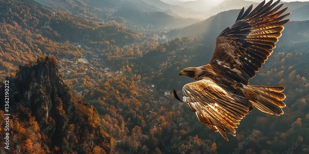 Obraz premium a wide shot of an eagle soaring high above a mountain range, with sunlight illuminating its wings, conveying a sense of awe and wonder,