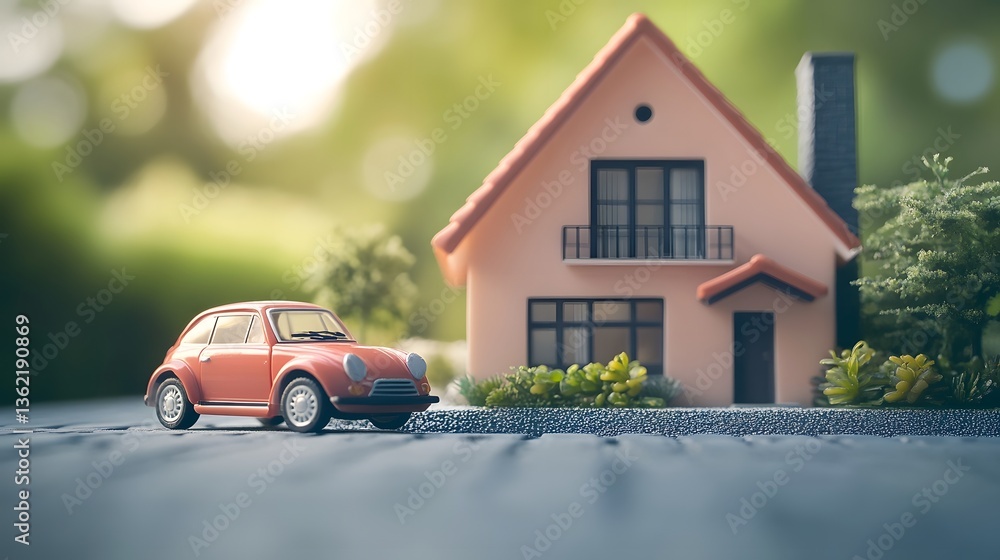 Miniature house and car in a lush garden setting Miniature house and car in a lush garden setting