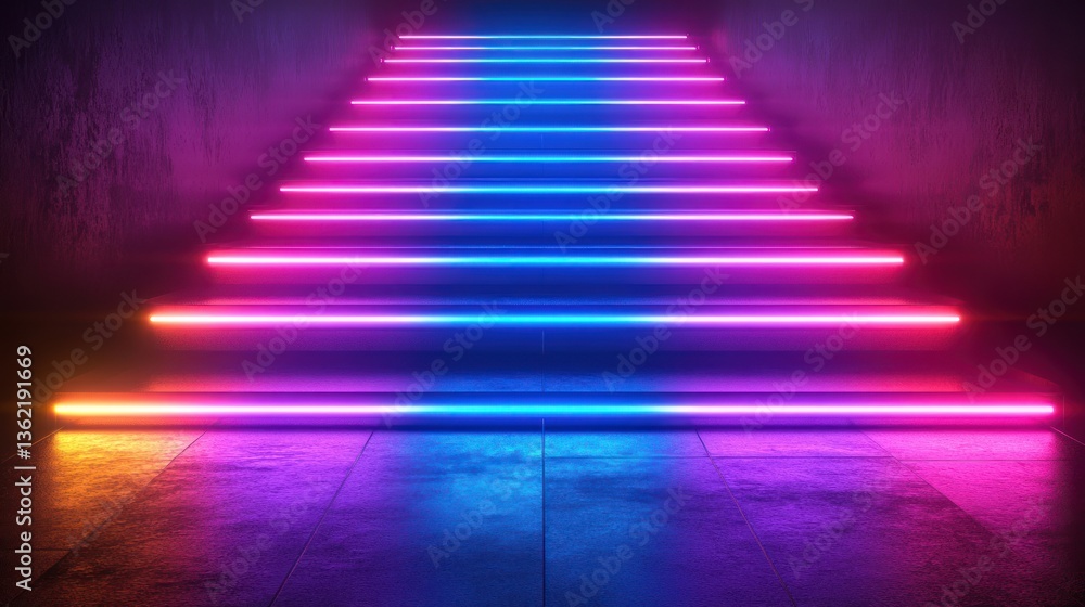 Naklejka premium Neon glowing stairs in a dark, concrete tunnel.