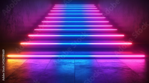 Neon glowing stairs in a dark, concrete tunnel.