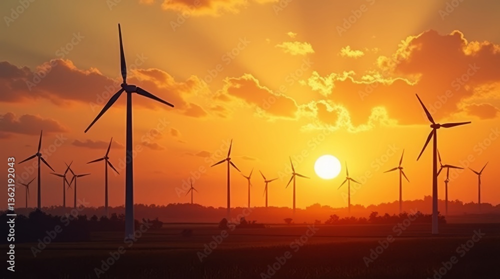 Obraz premium Power of the Wind: Captivating image of wind turbines gracefully silhouetted against a vibrant orange sunset, symbolizing the power of clean energy.