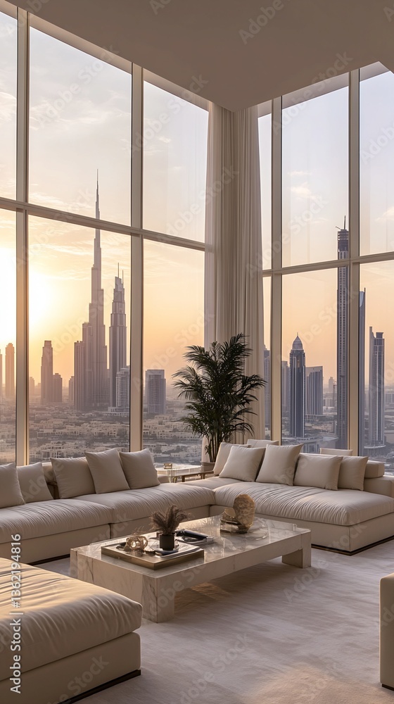 Dubai Skyline View from Modern Apartment Living Room
