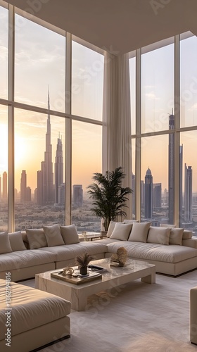 Obraz na płótnie Dubai Skyline View from Modern Apartment Living Room w salonie