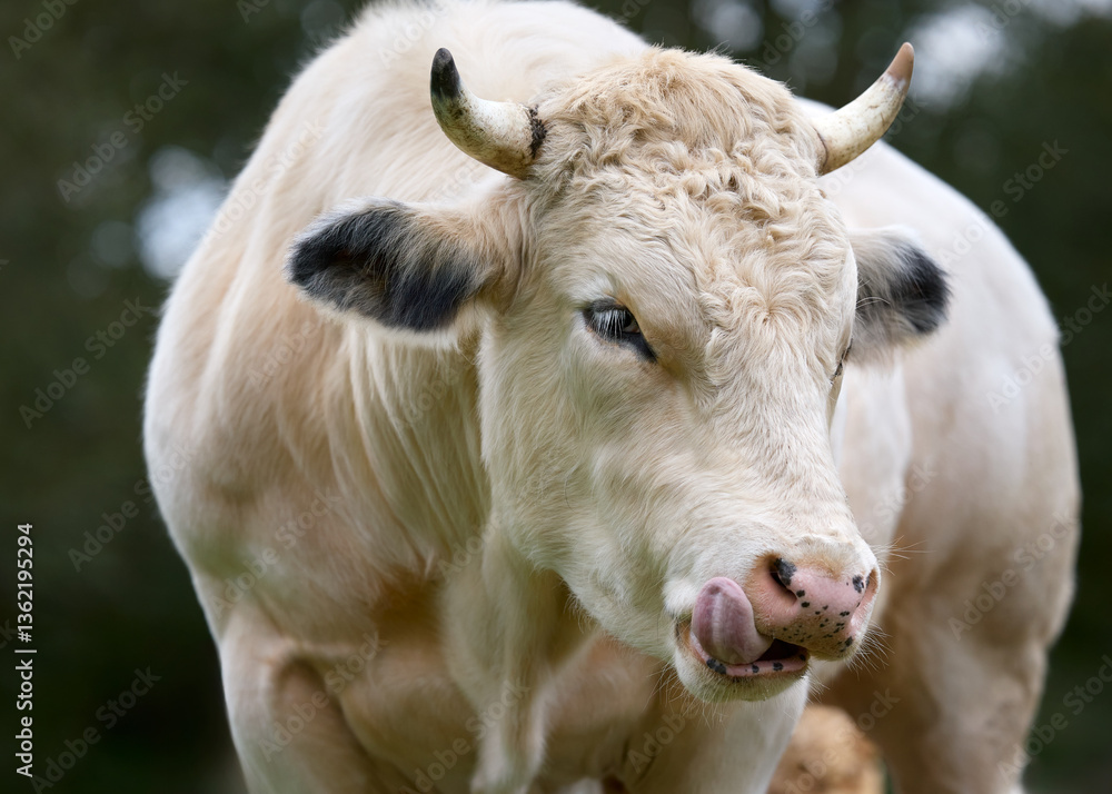 White bull with large horns and muscular physique licks its nose; dynamic close-up captured against a blurry background. White bull with large horns and muscular physique licks its nose; dynamic close-up captured against a blurry background.
