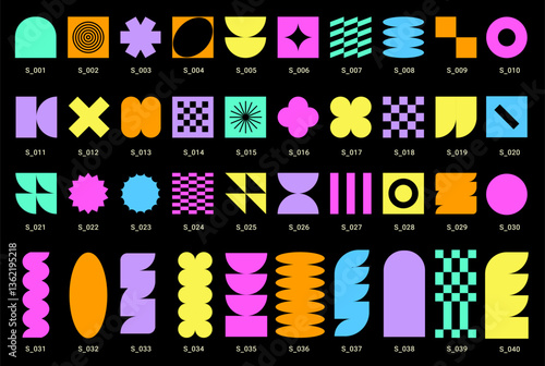 Brutalist Naive Playful Simple shapes, Vibrant color elements, Retro Cyber geometric design. Neon Trendy Y2k stickers. Vectored Flat design, web, scrapbooking. Cyberpunk aesthetic, icons, logotypes