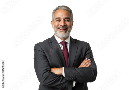 Smiling confident latin hispanic mature business man standing crossed arms isolated on White background