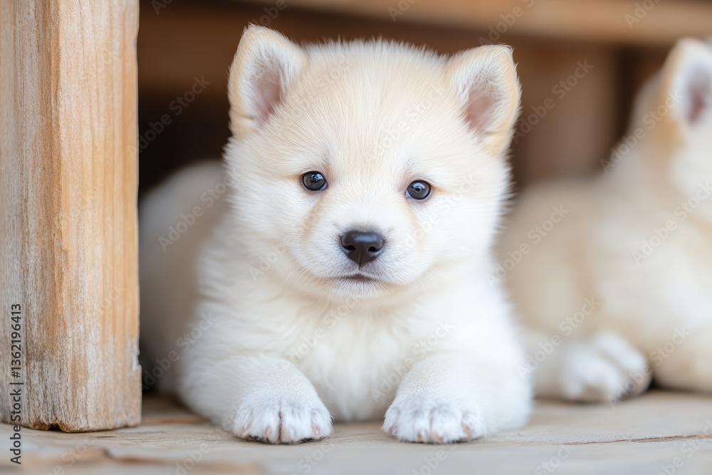 Adorable Golden and Black Labrador Puppies Sitting in Wooden Crate Looking at Camera in Rustic Setting