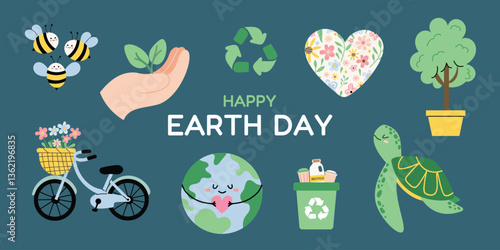 Happy Earth Day postcard with cute eco themed elements. Smiling Earth holding heart, turtle, bees, bicycle, recycle symbol. Eco friendly illustration for April 22 holiday. Flat vector design.