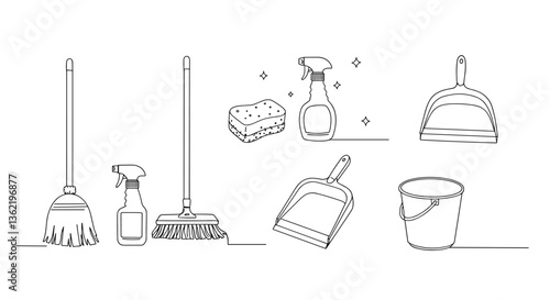 Cleaning supplies illustration: broom, brush, dustpan, spray bottle, sponge, bucket.