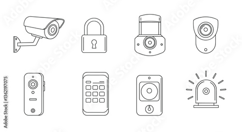 Security system icons: camera, lock, motion sensor, keypad, and siren.