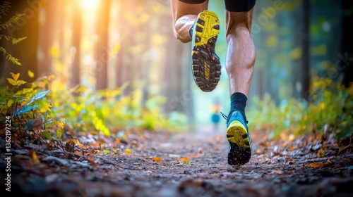 Energetic trail runner moving through a picturesque autumn landscape with sun dappled forest fallen leaves and a winding dirt pathway