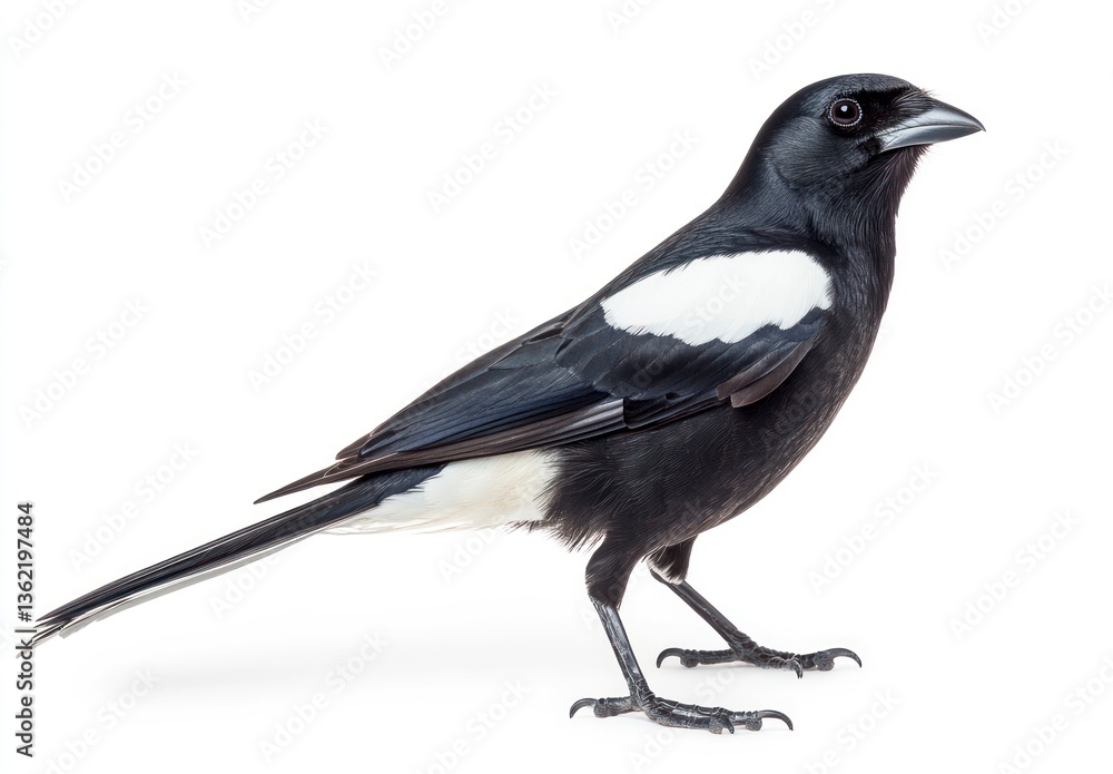 Standing Magpie Bird with Black and White Plumage Isolated on White Standing Magpie Bird with Black and White Plumage Isolated on White