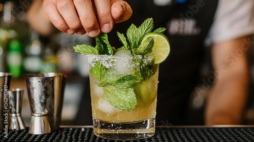 Bartender preparing classic mojito with fresh mint and lime